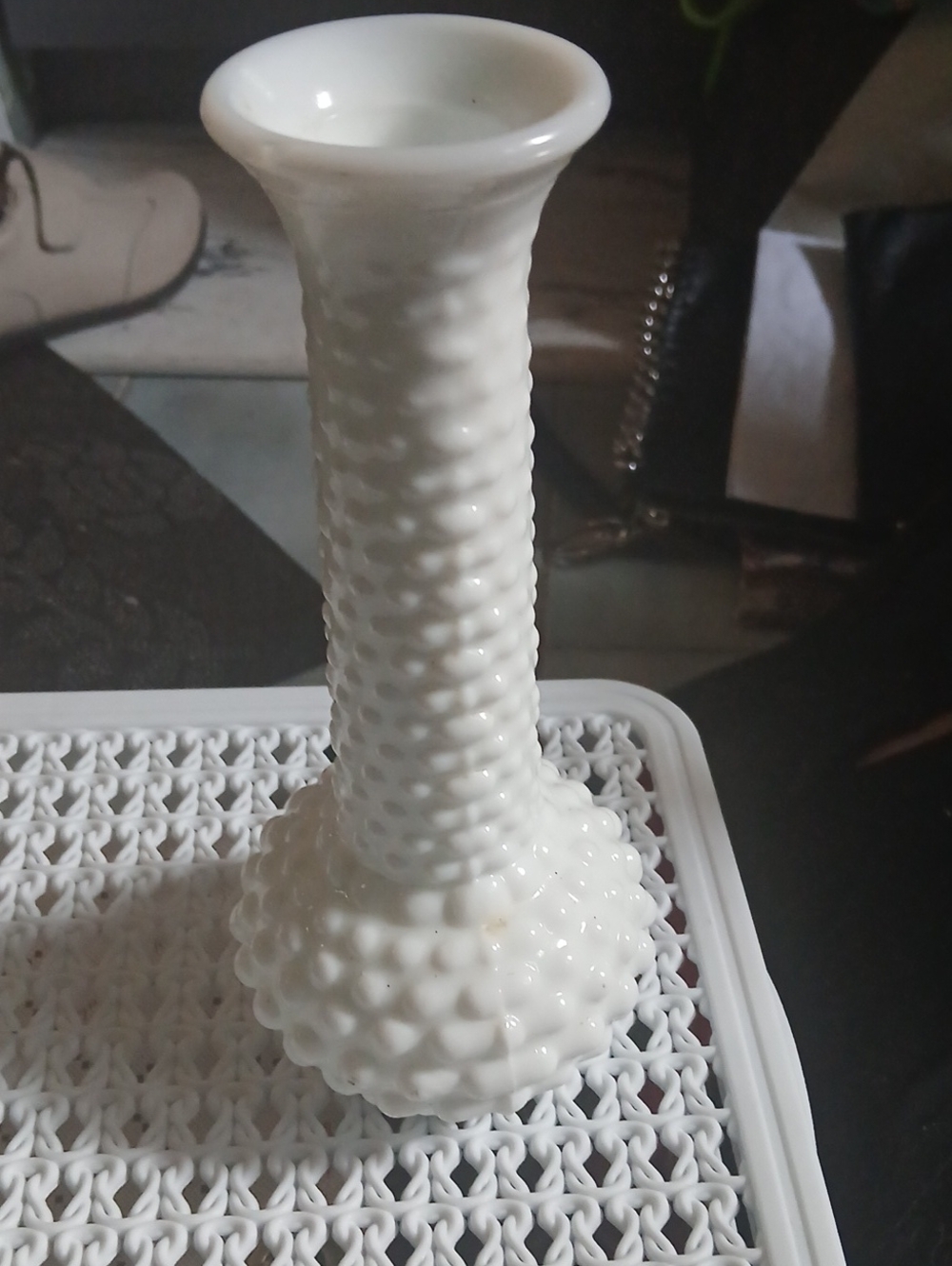 Vintage E.O. Brody Co. White Milk Glass Hobnail Fluted Vase, USA, 7.5”, 